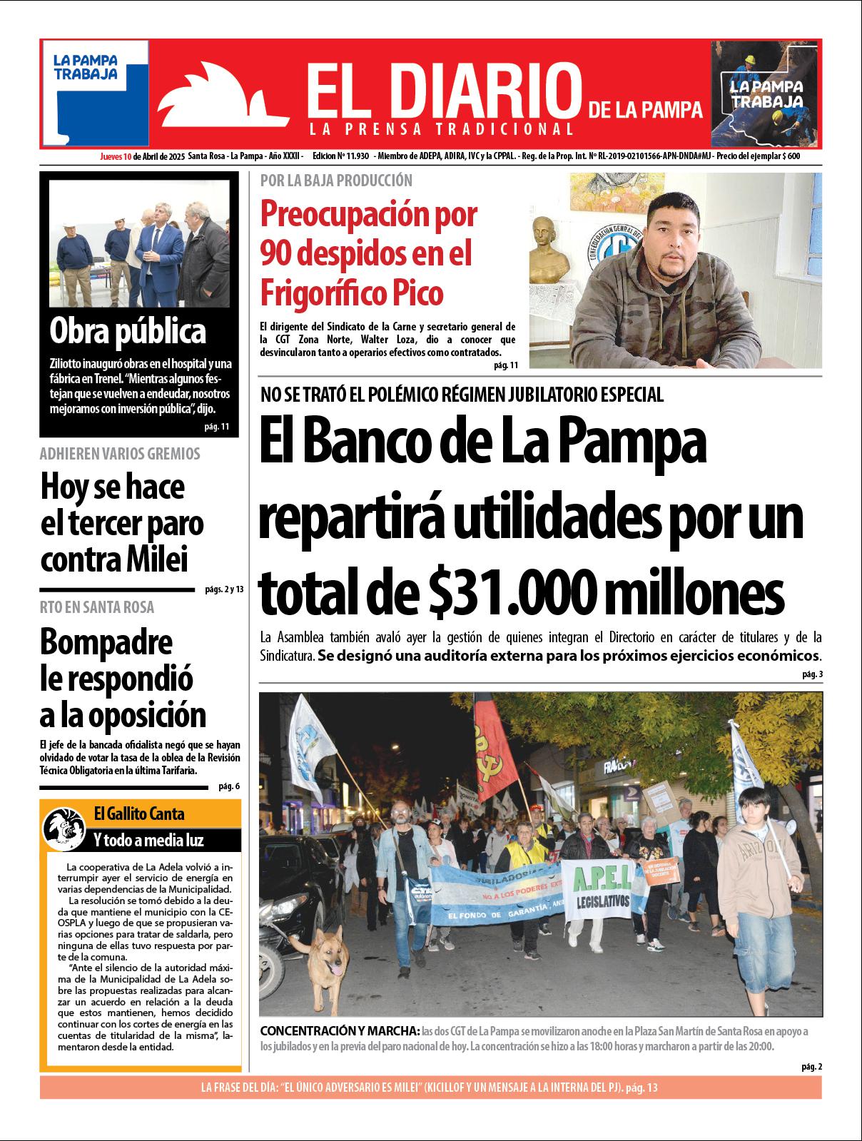 Tapa de El Diario en papel  jueves 10 de abril de 2025